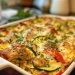 ['Close-up view of a juicy Chicken & Zucchini Casserole in a dish.', 'Side view showing a serving of Chicken & Zucchini Casserole, highlighting its creamy texture.', 'Delicious Chicken & Zucchini Casserole with colorful zucchini and bell peppers, freshly baked.', 'A sumptuous Chicken & Zucchini Casserole with melted cheese on top, presented on a plate.']
