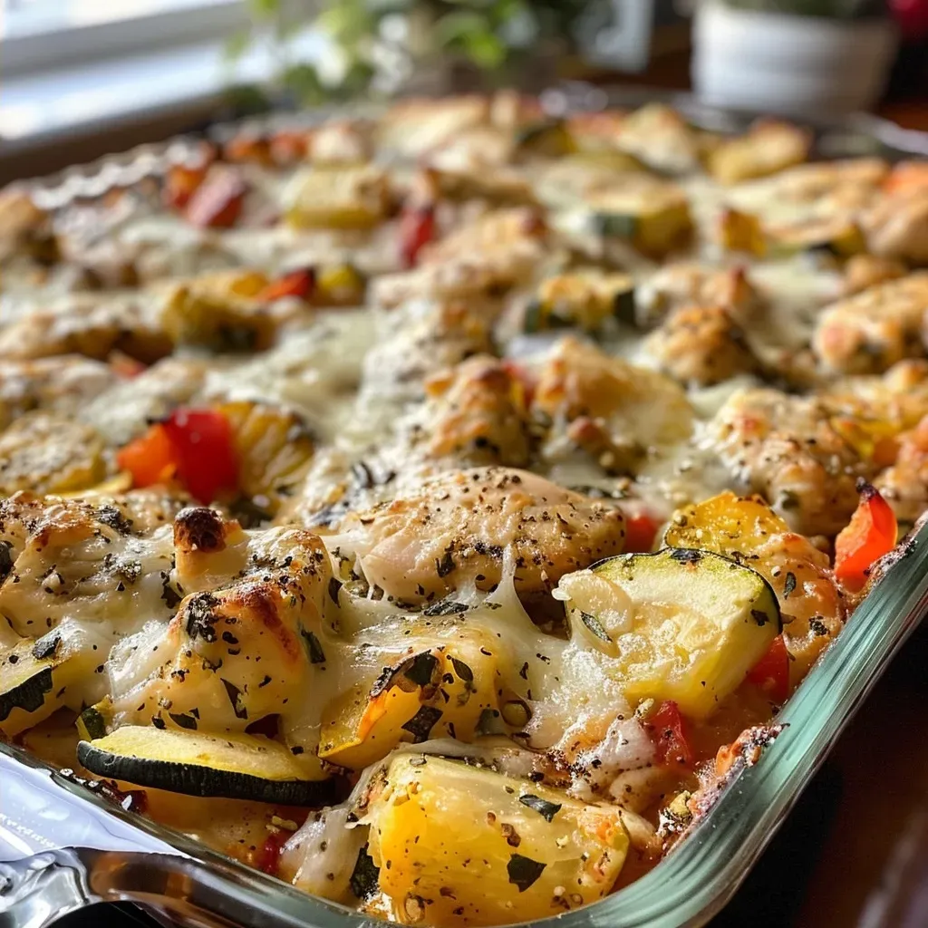 ['Close-up view of a juicy Chicken & Zucchini Casserole in a dish.', 'Side view showing a serving of Chicken & Zucchini Casserole, highlighting its creamy texture.', 'Delicious Chicken & Zucchini Casserole with colorful zucchini and bell peppers, freshly baked.', 'A sumptuous Chicken & Zucchini Casserole with melted cheese on top, presented on a plate.']
