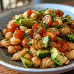 ['Close-up image of chickpea pasta mixed with cherry tomatoes, cucumber, and avocado on a white plate.', 'Side view of a vibrant chickpea pasta dish featuring fresh vegetables and a drizzle of olive oil.', 'A colorful arrangement of chickpea pasta, cherry tomatoes, cucumber, and avocado, highlighting fresh ingredients.', 'Zoomed-in photo showing a serving of chickpea pasta with diced cucumbers and halved cherry tomatoes.']
