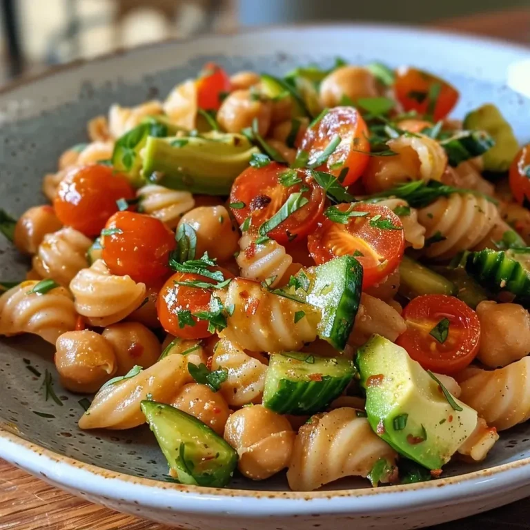 ['Close-up image of chickpea pasta mixed with cherry tomatoes, cucumber, and avocado on a white plate.', 'Side view of a vibrant chickpea pasta dish featuring fresh vegetables and a drizzle of olive oil.', 'A colorful arrangement of chickpea pasta, cherry tomatoes, cucumber, and avocado, highlighting fresh ingredients.', 'Zoomed-in photo showing a serving of chickpea pasta with diced cucumbers and halved cherry tomatoes.']
