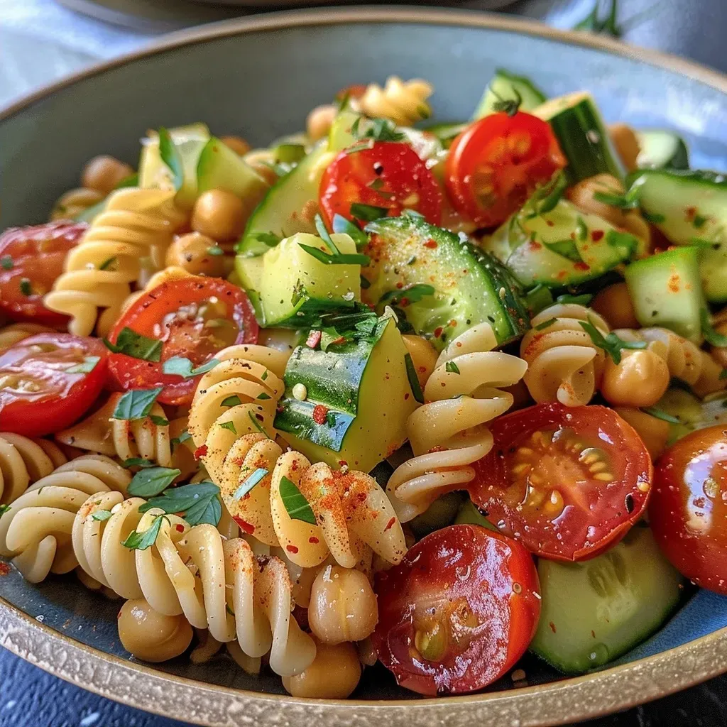 ['Close-up image of chickpea pasta mixed with cherry tomatoes, cucumber, and avocado on a white plate.', 'Side view of a vibrant chickpea pasta dish featuring fresh vegetables and a drizzle of olive oil.', 'A colorful arrangement of chickpea pasta, cherry tomatoes, cucumber, and avocado, highlighting fresh ingredients.', 'Zoomed-in photo showing a serving of chickpea pasta with diced cucumbers and halved cherry tomatoes.']