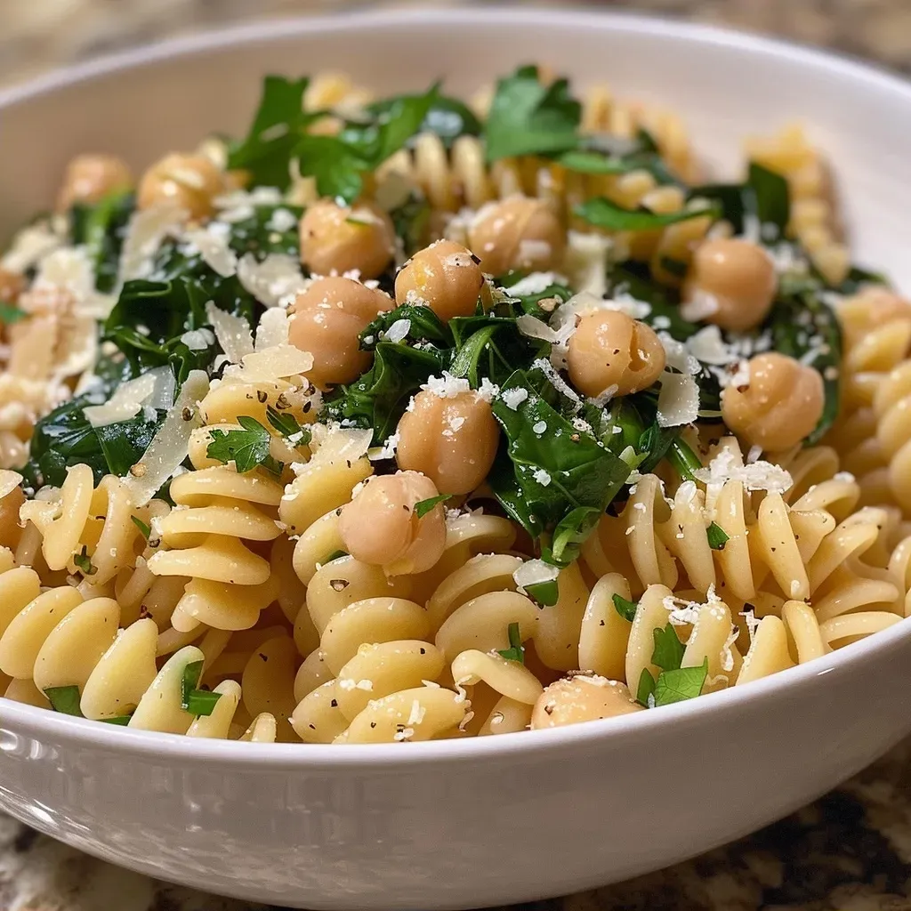 ['Close-up of a bowl of chickpea pasta with spinach and garnished with Pecorino cheese.', 'Side view of colorful chickpea pasta mixed with vibrant spinach and topped with herbs.', 'Juicy chickpea pasta dish featuring fresh spinach and a sprinkle of cheese, captured in detail.', 'Delicately arranged chickpea pasta with spinach, garlic, and parsley in a rustic setting.']