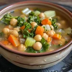 ['Close-up view of a bowl of chickpea soup, with vibrant vegetables and herbs.', 'Side view of a steaming bowl of chickpea soup, showcasing chunky ingredients.', 'Detailed image of cozy chickpea soup filled with colorful vegetables and garnished with Parmesan.', 'Bowl of chickpea soup with visible chickpeas, potatoes, and kale against a rustic background.']