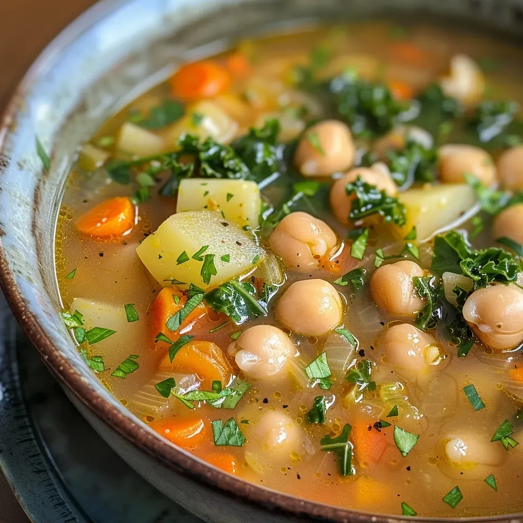 ['Close-up view of a bowl of chickpea soup, with vibrant vegetables and herbs.', 'Side view of a steaming bowl of chickpea soup, showcasing chunky ingredients.', 'Detailed image of cozy chickpea soup filled with colorful vegetables and garnished with Parmesan.', 'Bowl of chickpea soup with visible chickpeas, potatoes, and kale against a rustic background.']
