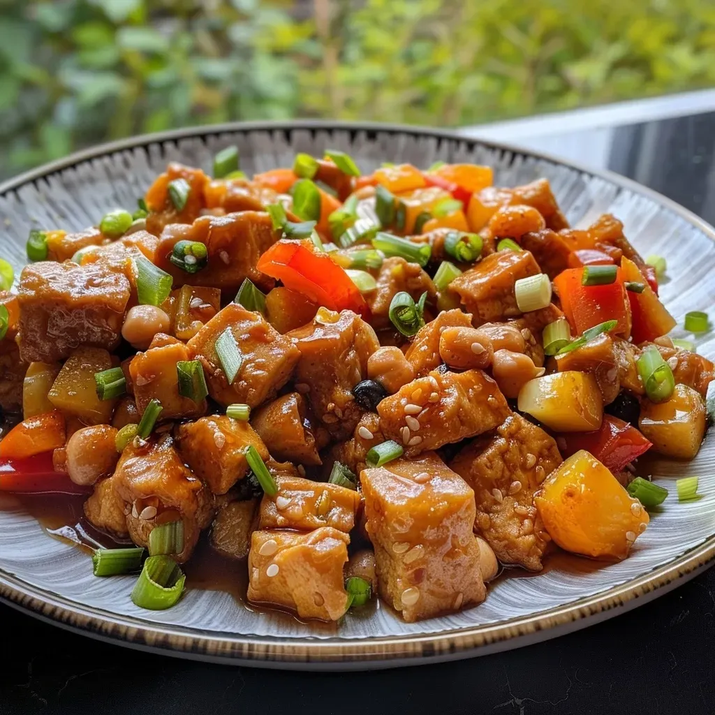 ['Close-up view of a portion of chickpea tempeh on a white plate.', 'Side view of juicy chickpea tempeh showcasing its texture.', 'Detailed shot of Kichererbsen tempeh, highlighting its golden-brown color.', 'Close-up image of freshly made chickpea tempeh with a focus on ingredients.']