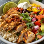 ['Close-up of a vibrant Chipotle Chicken Burrito Bowl featuring colorful ingredients.', 'Side view of a hearty Chipotle Chicken Burrito Bowl with chicken, rice, and fresh veggies.', 'Delicious Chipotle Chicken Burrito Bowl showcasing diced avocado, beans, and colorful peppers.', 'Close-up of a Chipotle Chicken Burrito Bowl filled with chicken, rice, and garnishes.']