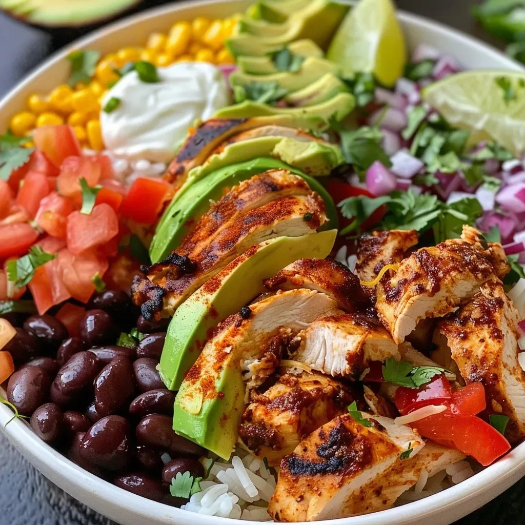 Close-up of a vibrant Chipotle Chicken Burrito Bowl featuring colorful ingredients.
