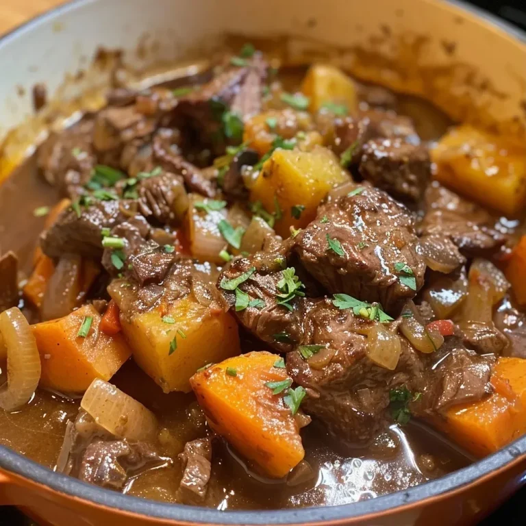 ['Close-up of a hearty Chunky Beef Casserole with visible chunks of beef and vegetables.', 'Side view of a delicious-looking Chunky Beef Casserole in a rustic dish.', 'Juicy beef stew featuring vibrant carrots and butternut squash in a casserole dish.', 'A mouthwatering serving of Chunky Beef Casserole capturing the array of ingredients.']