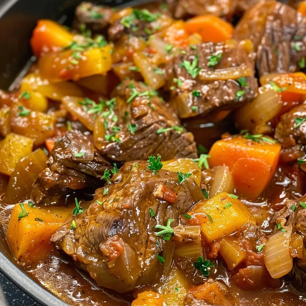 ['Close-up of a hearty Chunky Beef Casserole with visible chunks of beef and vegetables.', 'Side view of a delicious-looking Chunky Beef Casserole in a rustic dish.', 'Juicy beef stew featuring vibrant carrots and butternut squash in a casserole dish.', 'A mouthwatering serving of Chunky Beef Casserole capturing the array of ingredients.']