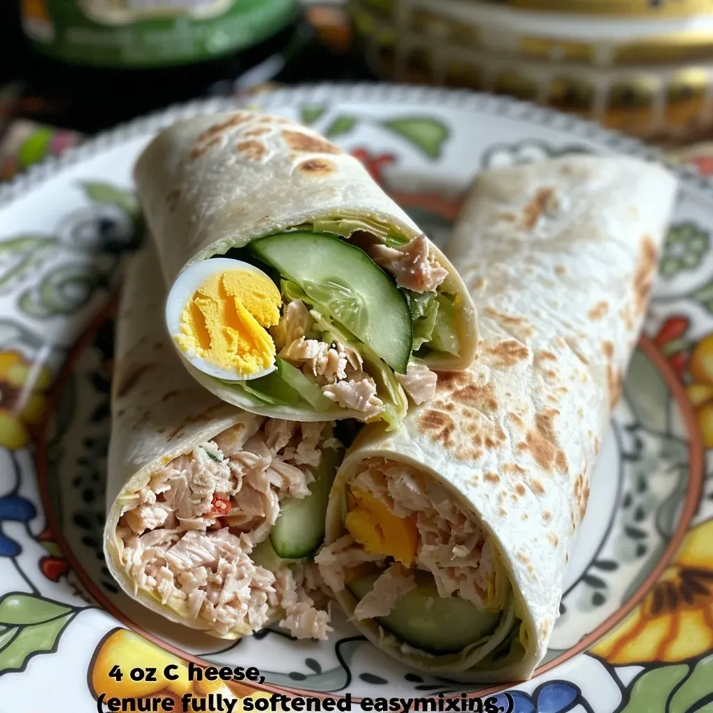 ['Close-up view of cold tuna wraps with visible chunks of tuna and vegetables.', 'Side perspective of two tortilla wraps filled with tuna, cucumber, and hard-boiled eggs.', 'Juicy cold tuna wraps showcasing their colorful ingredients and creamy texture.', 'Deliciously arranged cold tuna wraps with a focus on the ingredients inside.']