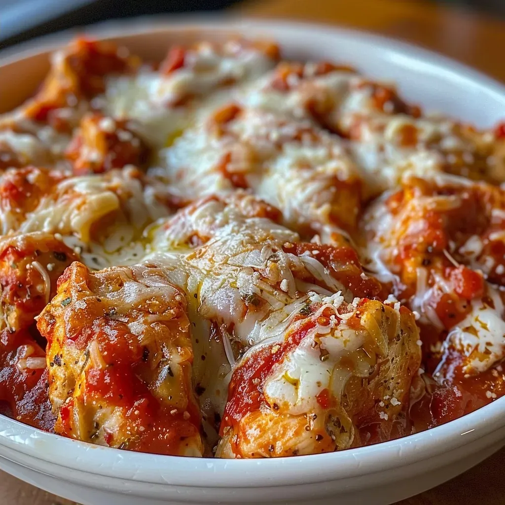 ['A close-up view of a Cottage Cheese Chicken Parm Bowl featuring cubed chicken, cottage cheese, marinara sauce, and melted cheese on top.', 'Side view of a Cottage Cheese Chicken Parm Bowl filled with colorful ingredients including chicken, cottage cheese, and marinara sauce.', 'Juicy Cottage Cheese Chicken Parm Bowl showcasing layers of chicken, low-fat cottage cheese, and a sprinkle of mozzarella.', 'A deliciously presented Cottage Cheese Chicken Parm Bowl with visible ingredients like cottage cheese and marinara in a vibrant dish.']