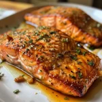 ['Close-up view of a beautifully baked salmon fillet with a golden glaze.', 'Juicy salmon fillet drizzled with honey and soy sauce, presented on a plate.', 'Side shot of freshly baked salmon garnished with herbs, showcasing its flaky texture.', 'A tender piece of baked salmon with a rich coating, highlighting its delicious seasoning.']