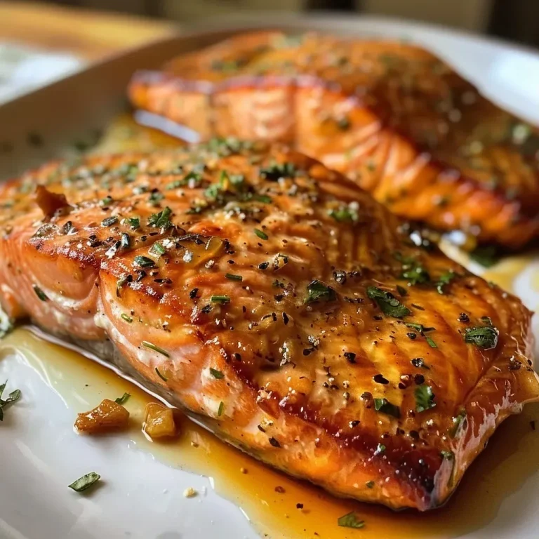 ['Close-up view of a beautifully baked salmon fillet with a golden glaze.', 'Juicy salmon fillet drizzled with honey and soy sauce, presented on a plate.', 'Side shot of freshly baked salmon garnished with herbs, showcasing its flaky texture.', 'A tender piece of baked salmon with a rich coating, highlighting its delicious seasoning.']