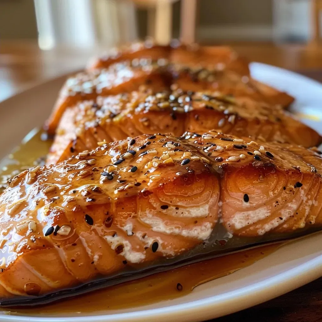['Close-up view of a beautifully baked salmon fillet with a golden glaze.', 'Juicy salmon fillet drizzled with honey and soy sauce, presented on a plate.', 'Side shot of freshly baked salmon garnished with herbs, showcasing its flaky texture.', 'A tender piece of baked salmon with a rich coating, highlighting its delicious seasoning.']