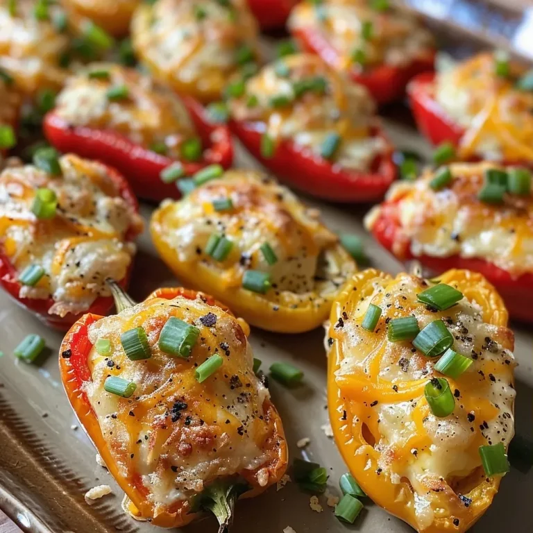 ['Close-up view of vibrant mini peppers stuffed with cream cheese and cheddar.', 'Side view of juicy cream cheese stuffed mini peppers on a plate, garnished with chives.', 'Colorful halved mini sweet peppers filled with a creamy cheese mixture.', 'Appetizing close-up of baked mini peppers with a creamy filling and fresh chives.']