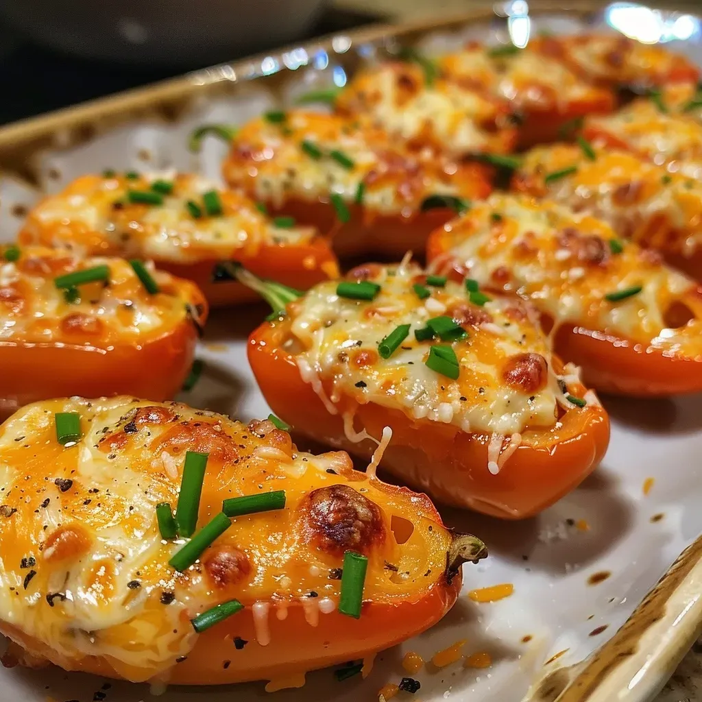 Close-up view of vibrant mini peppers stuffed with cream cheese and cheddar.