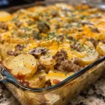 ['Side view close-up of a creamy beef and potato casserole served in a white dish.', 'Juicy beef and potato casserole with melted cheese, photographed from the side.', 'Creamy casserole featuring ground beef and red potatoes, captured in detail.', 'Close-up of a cheesy beef and potato casserole showcasing its creamy texture.']