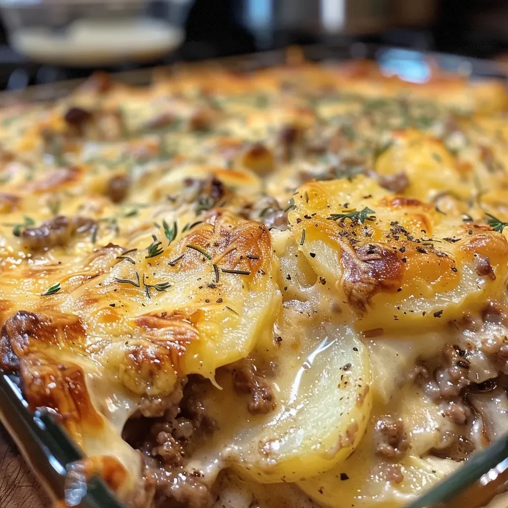 ['Side view close-up of a creamy beef and potato casserole served in a white dish.', 'Juicy beef and potato casserole with melted cheese, photographed from the side.', 'Creamy casserole featuring ground beef and red potatoes, captured in detail.', 'Close-up of a cheesy beef and potato casserole showcasing its creamy texture.']