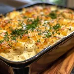 ['Close-up view of creamy cheddar chicken bake, showcasing the layers of cheese and chicken.', 'Side view photograph of a creamy cheddar chicken bake with melted cheese on top.', 'Detailed close-up image of savory cheddar chicken bake highlighting its creamy texture.', 'Deliciously layered creamy cheddar chicken bake captured from the side, emphasizing its richness.']