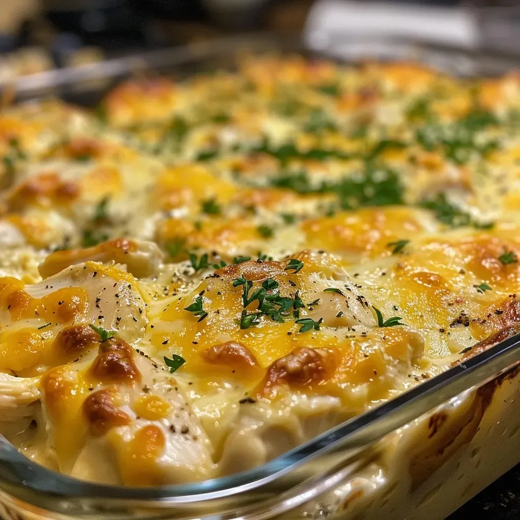['Close-up view of creamy cheddar chicken bake, showcasing the layers of cheese and chicken.', 'Side view photograph of a creamy cheddar chicken bake with melted cheese on top.', 'Detailed close-up image of savory cheddar chicken bake highlighting its creamy texture.', 'Deliciously layered creamy cheddar chicken bake captured from the side, emphasizing its richness.']