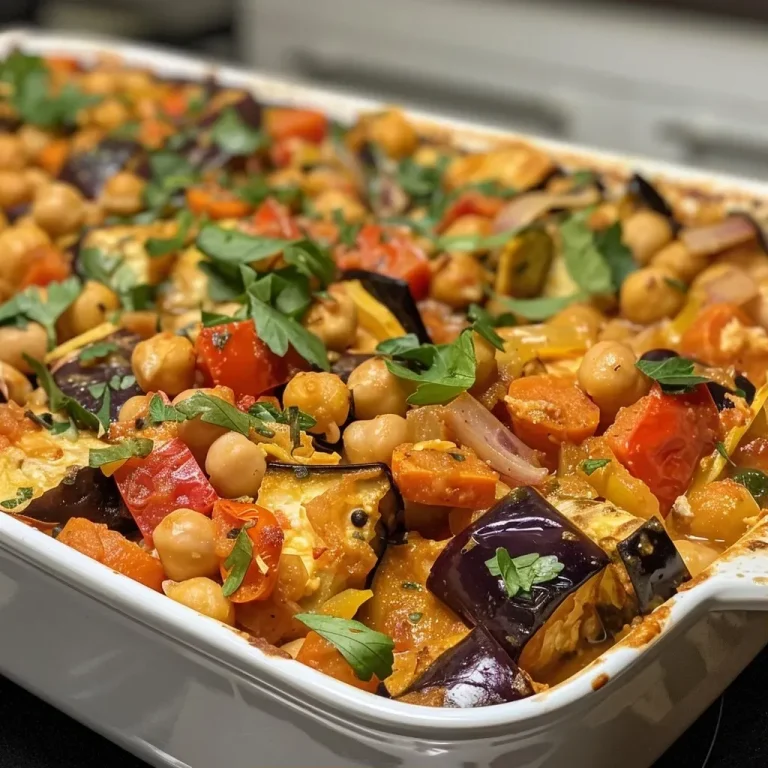['Close-up side view of a creamy chickpea bake topped with melted cheese and colorful diced vegetables.', 'A deliciously creamy chickpea bake, showcasing a medley of diced carrots, aubergine, courgette, and red pepper.', 'Side view of a golden-brown creamy chickpea bake, featuring layers of vegetables and cheese.', 'Close-up of a golden creamy chickpea bake with visible chunks of vegetables and a cheesy topping.']