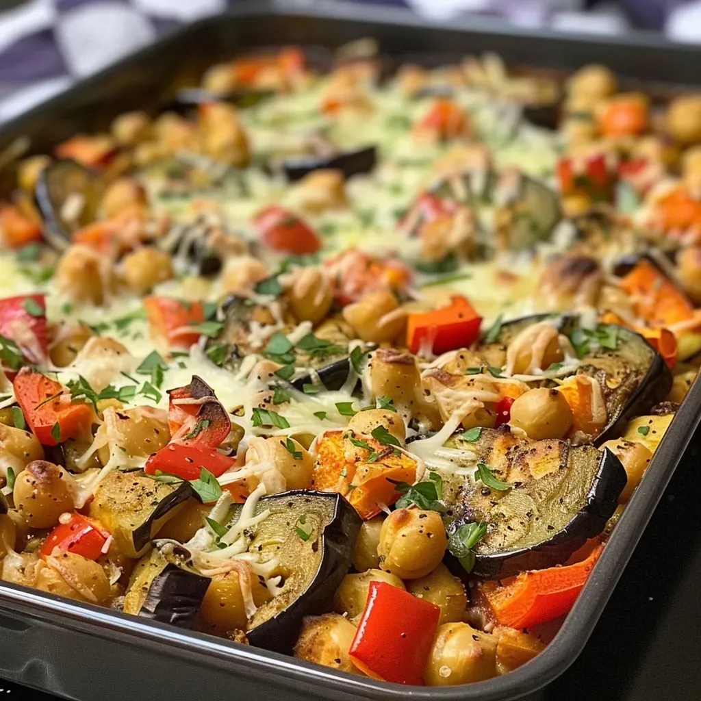 ['Close-up side view of a creamy chickpea bake topped with melted cheese and colorful diced vegetables.', 'A deliciously creamy chickpea bake, showcasing a medley of diced carrots, aubergine, courgette, and red pepper.', 'Side view of a golden-brown creamy chickpea bake, featuring layers of vegetables and cheese.', 'Close-up of a golden creamy chickpea bake with visible chunks of vegetables and a cheesy topping.']
