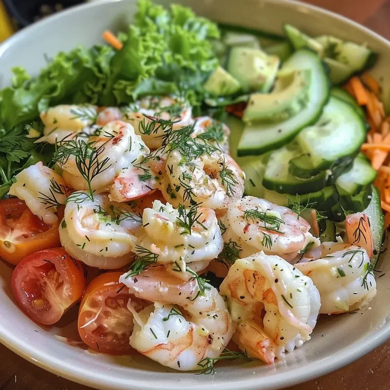 ['A close-up view of a creamy dill shrimp salad with fresh ingredients arranged on a plate.', 'Side view of a vibrant shrimp salad featuring lettuce, shrimp, and various vegetables, displayed appetizingly.', 'Juicy shrimp salad filled with creamy dressing, garnished with dill and colorful veggies, captured in detail.', 'A delightful presentation of creamy dill shrimp salad, highlighting shrimp, lettuce, and sliced vegetables.']