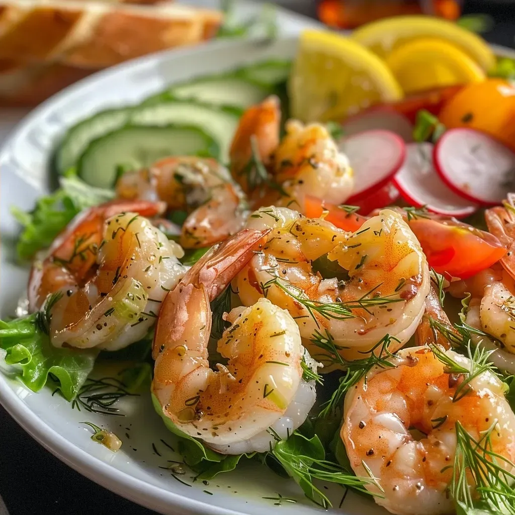 ['A close-up view of a creamy dill shrimp salad with fresh ingredients arranged on a plate.', 'Side view of a vibrant shrimp salad featuring lettuce, shrimp, and various vegetables, displayed appetizingly.', 'Juicy shrimp salad filled with creamy dressing, garnished with dill and colorful veggies, captured in detail.', 'A delightful presentation of creamy dill shrimp salad, highlighting shrimp, lettuce, and sliced vegetables.']