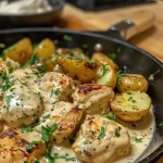 ['Close-up of a creamy garlic chicken skillet with roasted baby potatoes.', 'Juicy chicken pieces in a creamy garlic sauce, surrounded by halved baby potatoes.', 'Side view of a skillet filled with creamy chicken and golden roasted potatoes.', 'A vibrant dish featuring chicken in garlic cream sauce, garnished with fresh parsley.']