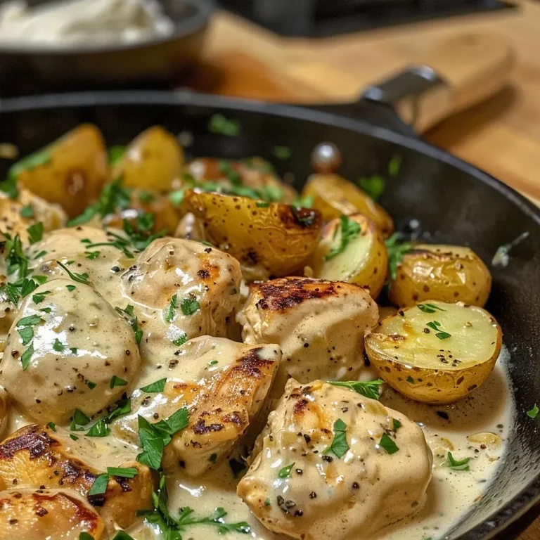 ['Close-up of a creamy garlic chicken skillet with roasted baby potatoes.', 'Juicy chicken pieces in a creamy garlic sauce, surrounded by halved baby potatoes.', 'Side view of a skillet filled with creamy chicken and golden roasted potatoes.', 'A vibrant dish featuring chicken in garlic cream sauce, garnished with fresh parsley.']