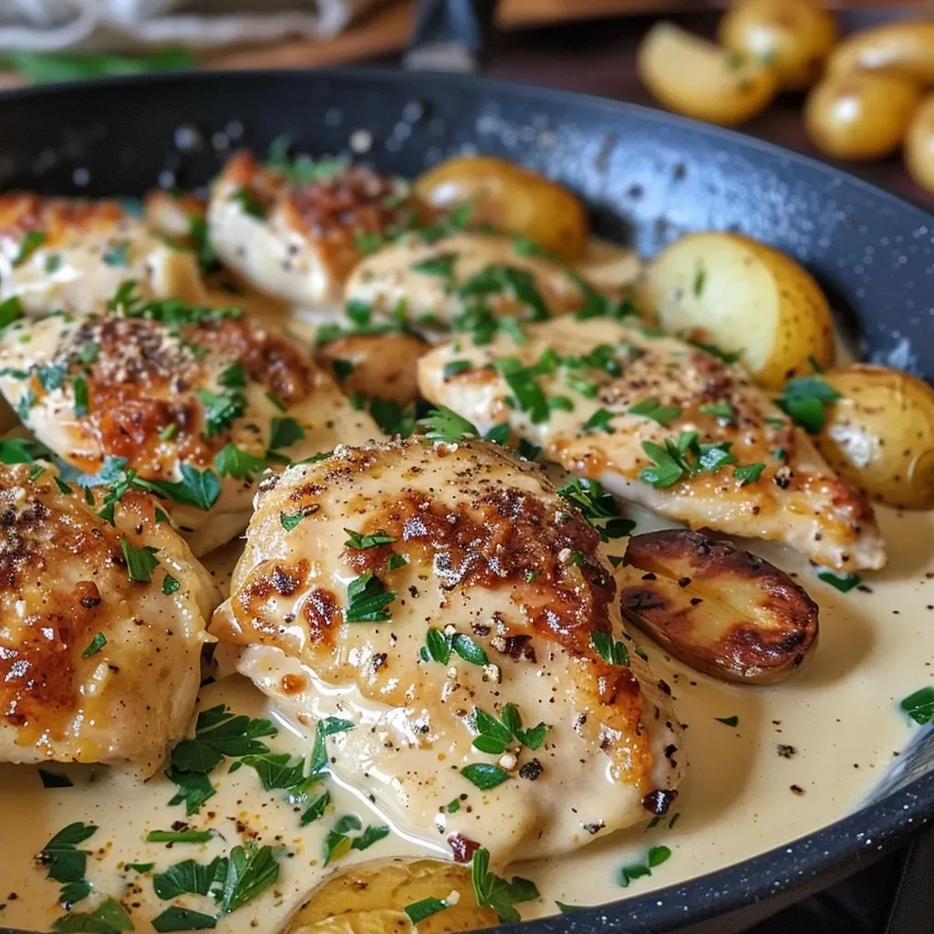 ['Close-up of a creamy garlic chicken skillet with roasted baby potatoes.', 'Juicy chicken pieces in a creamy garlic sauce, surrounded by halved baby potatoes.', 'Side view of a skillet filled with creamy chicken and golden roasted potatoes.', 'A vibrant dish featuring chicken in garlic cream sauce, garnished with fresh parsley.']