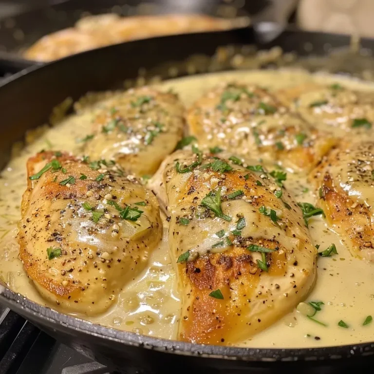 ['Close-up of juicy creamy garlic chicken with a rich sauce.', 'Side view of tender chicken breasts coated in creamy garlic sauce.', 'Delicious creamy garlic chicken garnished with herbs.', 'Succulent chicken dish featuring a thick, creamy garlic sauce.']