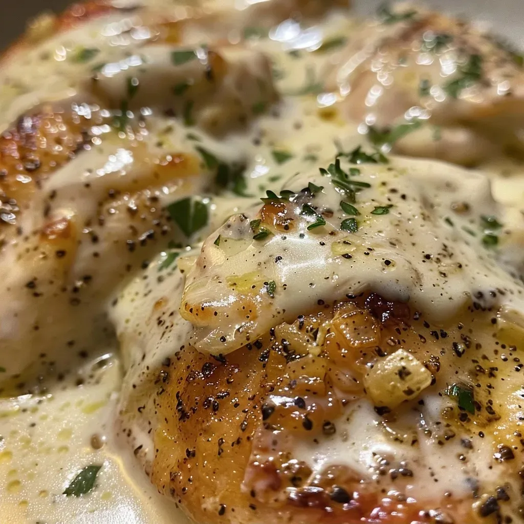 ['Close-up of juicy creamy garlic chicken with a rich sauce.', 'Side view of tender chicken breasts coated in creamy garlic sauce.', 'Delicious creamy garlic chicken garnished with herbs.', 'Succulent chicken dish featuring a thick, creamy garlic sauce.']