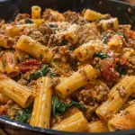 ['Creamy Tuscan pasta dish featuring ground beef, spinach, and sun-dried tomatoes.', 'Close-up of a one-pot pasta bowl with creamy sauce and fresh ingredients.', 'Side view of a hearty pasta meal with beef and green spinach in a creamy sauce.', 'Delicious plate of creamy Tuscan ground beef pasta with a sprinkle of Parmesan.']
