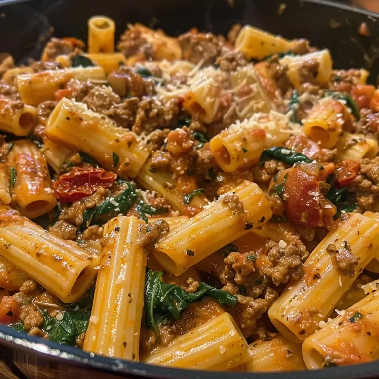 ['Creamy Tuscan pasta dish featuring ground beef, spinach, and sun-dried tomatoes.', 'Close-up of a one-pot pasta bowl with creamy sauce and fresh ingredients.', 'Side view of a hearty pasta meal with beef and green spinach in a creamy sauce.', 'Delicious plate of creamy Tuscan ground beef pasta with a sprinkle of Parmesan.']