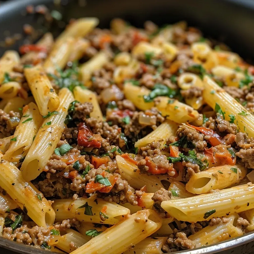 ['Creamy Tuscan pasta dish featuring ground beef, spinach, and sun-dried tomatoes.', 'Close-up of a one-pot pasta bowl with creamy sauce and fresh ingredients.', 'Side view of a hearty pasta meal with beef and green spinach in a creamy sauce.', 'Delicious plate of creamy Tuscan ground beef pasta with a sprinkle of Parmesan.']