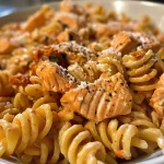 ['Creamy salmon pasta dish in a white bowl, garnished with fresh spinach and sun-dried tomatoes.', 'Close-up view of creamy salmon pasta, featuring pink salmon pieces and a rich sauce.', 'Side view of a bowl filled with creamy pasta, topped with minced garlic and Italian seasoning.', 'Juicy salmon pasta in a creamy sauce with colorful ingredients, presented beautifully in a bowl.']