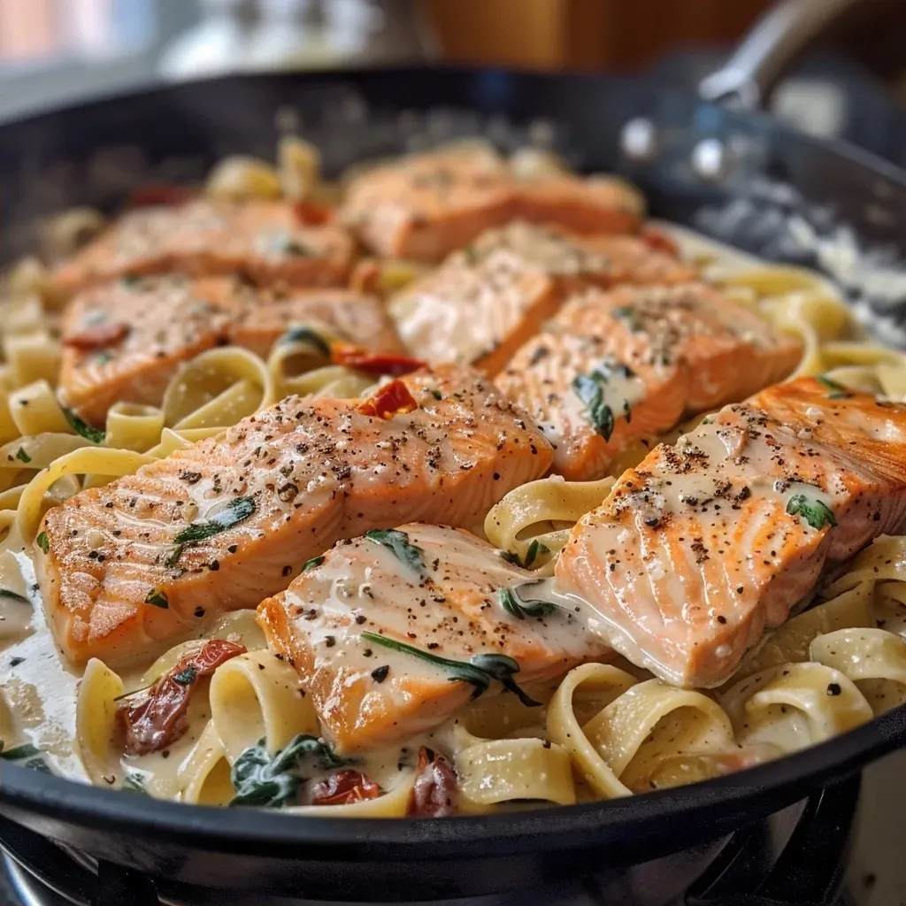 ['Creamy salmon pasta dish in a white bowl, garnished with fresh spinach and sun-dried tomatoes.', 'Close-up view of creamy salmon pasta, featuring pink salmon pieces and a rich sauce.', 'Side view of a bowl filled with creamy pasta, topped with minced garlic and Italian seasoning.', 'Juicy salmon pasta in a creamy sauce with colorful ingredients, presented beautifully in a bowl.']