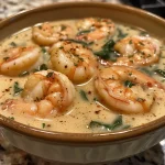 ['Close-up of a creamy shrimp soup in a bowl, garnished with spinach and grated parmesan.', 'Side view of a delicious creamy shrimp soup with pink shrimp and green spinach in a white bowl.', 'Mouthwatering bowl of shrimp soup showcasing creamy texture and fresh ingredients.', 'A vibrant creamy shrimp soup with visible shrimp, spinach, and a sprinkle of parmesan.']