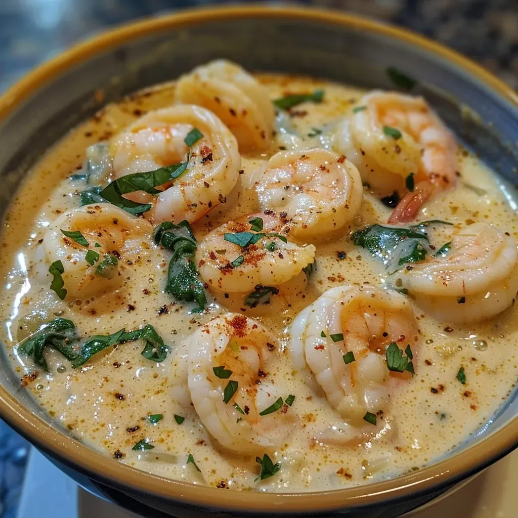 ['Close-up of a creamy shrimp soup in a bowl, garnished with spinach and grated parmesan.', 'Side view of a delicious creamy shrimp soup with pink shrimp and green spinach in a white bowl.', 'Mouthwatering bowl of shrimp soup showcasing creamy texture and fresh ingredients.', 'A vibrant creamy shrimp soup with visible shrimp, spinach, and a sprinkle of parmesan.']