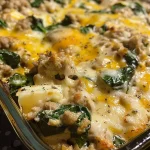 ['Close-up view of a creamy spinach turkey casserole with golden cheese on top.', 'Juicy turkey casserole featuring fresh spinach and melted cheddar cheese, taken from the side.', 'Side view of a delicious creamy casserole with ground turkey and bright green spinach.', 'Appetizing creamy casserole dish showcasing layers of turkey, spinach, and cheese.']