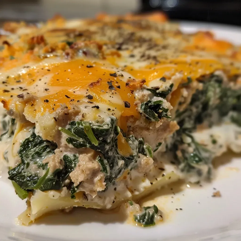 ['Close-up view of a creamy spinach turkey casserole with golden cheese on top.', 'Juicy turkey casserole featuring fresh spinach and melted cheddar cheese, taken from the side.', 'Side view of a delicious creamy casserole with ground turkey and bright green spinach.', 'Appetizing creamy casserole dish showcasing layers of turkey, spinach, and cheese.']
