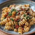 ['Close-up of creamy sun-dried tomato chickpea pasta garnished with fresh herbs.', 'Side view of a bowl filled with creamy pasta, chickpeas, and sun-dried tomatoes.', 'Dish of creamy pasta featuring sun-dried tomatoes, chickpeas, and leafy spinach.', 'Richly colored pasta dish with sun-dried tomatoes and a sprinkle of cheese.']