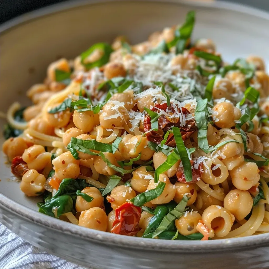 ['Close-up of creamy sun-dried tomato chickpea pasta garnished with fresh herbs.', 'Side view of a bowl filled with creamy pasta, chickpeas, and sun-dried tomatoes.', 'Dish of creamy pasta featuring sun-dried tomatoes, chickpeas, and leafy spinach.', 'Richly colored pasta dish with sun-dried tomatoes and a sprinkle of cheese.']
