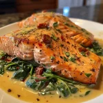 ['Close-up view of creamy Tuscan salmon topped with sun-dried tomatoes and spinach.', 'Side angle of juicy salmon fillets in creamy sauce with vibrant greens and red tomatoes.', 'Detailed shot of salmon in a rich cream sauce, featuring sun-dried tomatoes and fresh herbs.', 'Succulent salmon fillet served with a creamy Tuscan sauce, garnished with spinach and basil.']