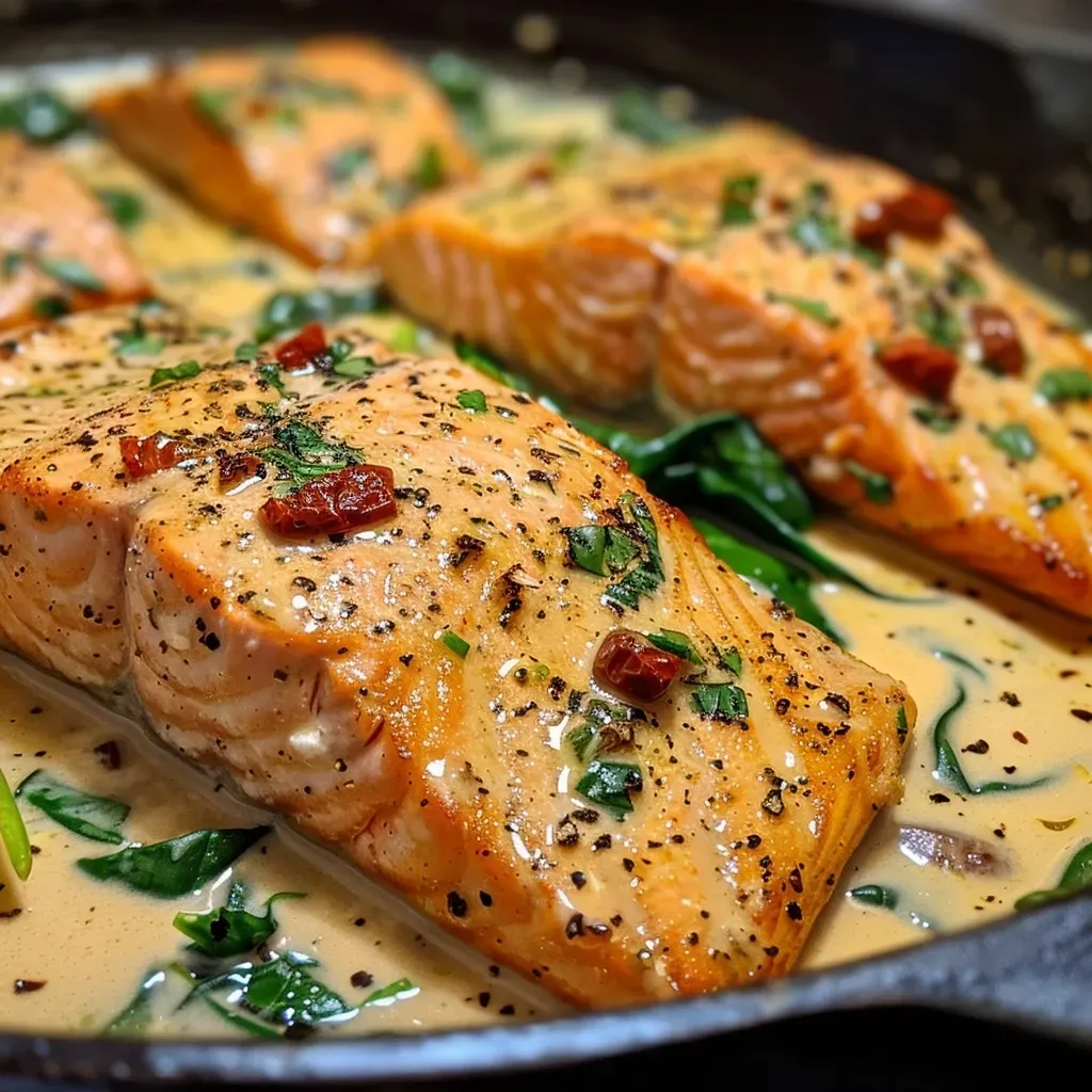 ['Close-up view of creamy Tuscan salmon topped with sun-dried tomatoes and spinach.', 'Side angle of juicy salmon fillets in creamy sauce with vibrant greens and red tomatoes.', 'Detailed shot of salmon in a rich cream sauce, featuring sun-dried tomatoes and fresh herbs.', 'Succulent salmon fillet served with a creamy Tuscan sauce, garnished with spinach and basil.']