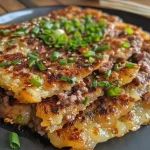 ['Close-up view of crispy Chinese beef pancakes showcasing a golden brown texture.', 'Side view of juicy Chinese beef pancakes with visible layers and filling.', 'Detailed image of freshly cooked Chinese beef pancakes, with a crispy outer layer.', 'Close-up of beef pancakes emphasizing the savory beef filling and crispy edges.']