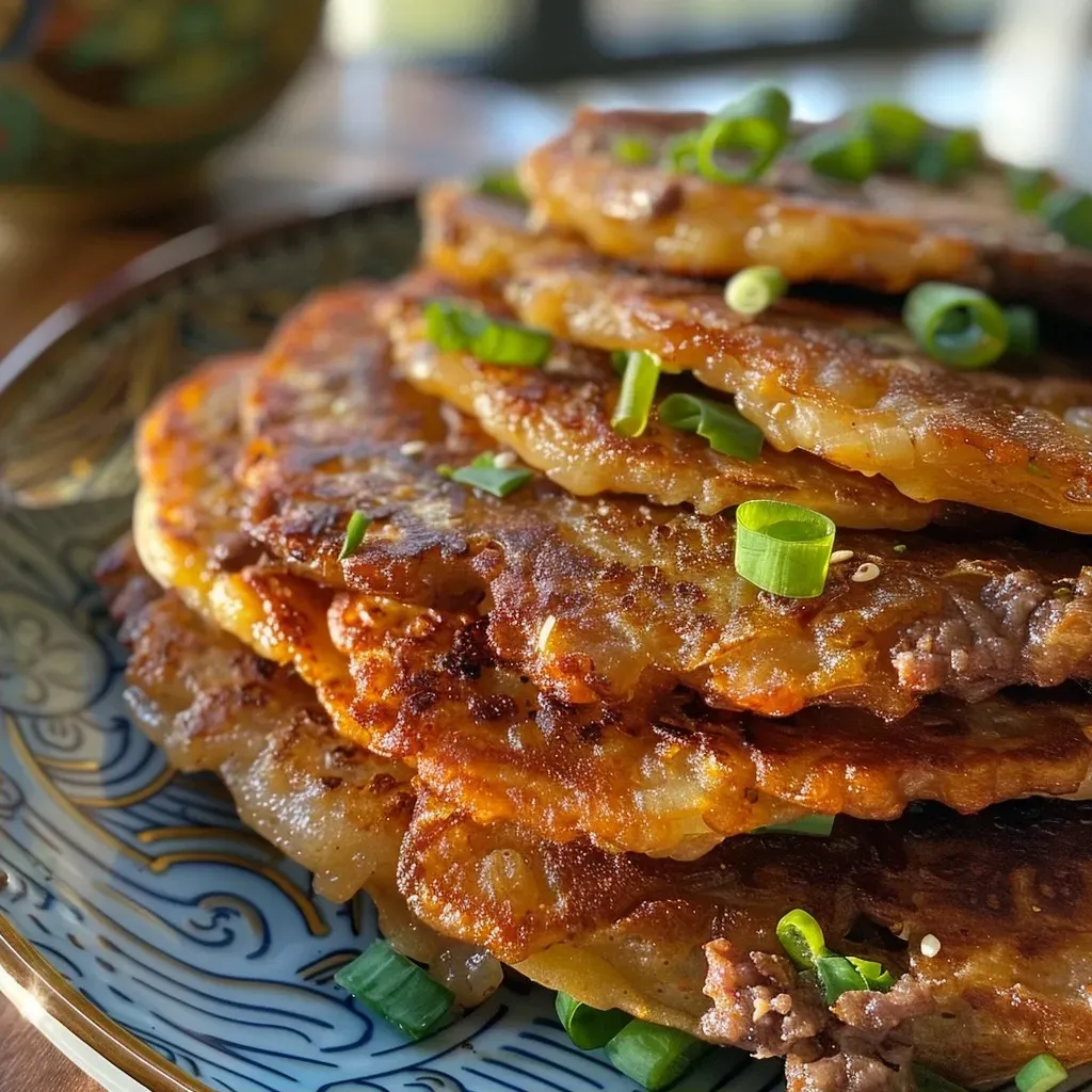 ['Close-up view of crispy Chinese beef pancakes showcasing a golden brown texture.', 'Side view of juicy Chinese beef pancakes with visible layers and filling.', 'Detailed image of freshly cooked Chinese beef pancakes, with a crispy outer layer.', 'Close-up of beef pancakes emphasizing the savory beef filling and crispy edges.']
