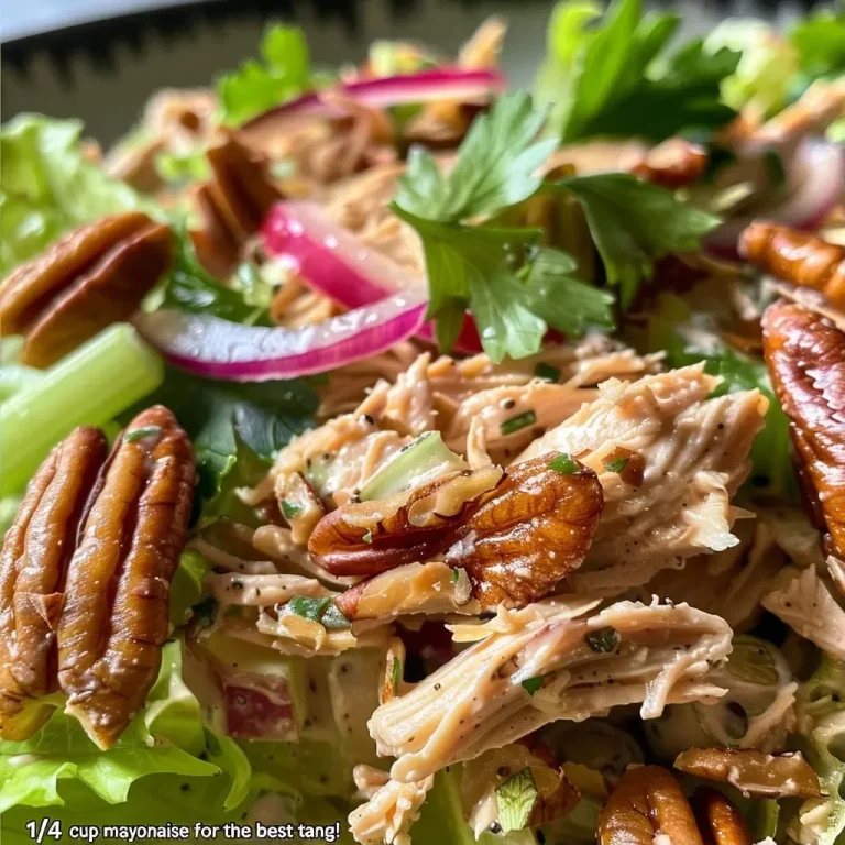 ['Close-up of a vibrant Crunchy Chicken Salad with visible ingredients including shredded chicken, pecans, and herbs.', 'Side view of a delicious Crunchy Chicken Salad displayed in a bowl, showcasing its colorful ingredients.', 'Detailed shot of a Crunchy Chicken Salad featuring poached chicken, celery, and a creamy dressing.', 'Appetizing close-up of a Crunchy Chicken Salad, highlighting the textures of chicken, nuts, and fresh vegetables.']