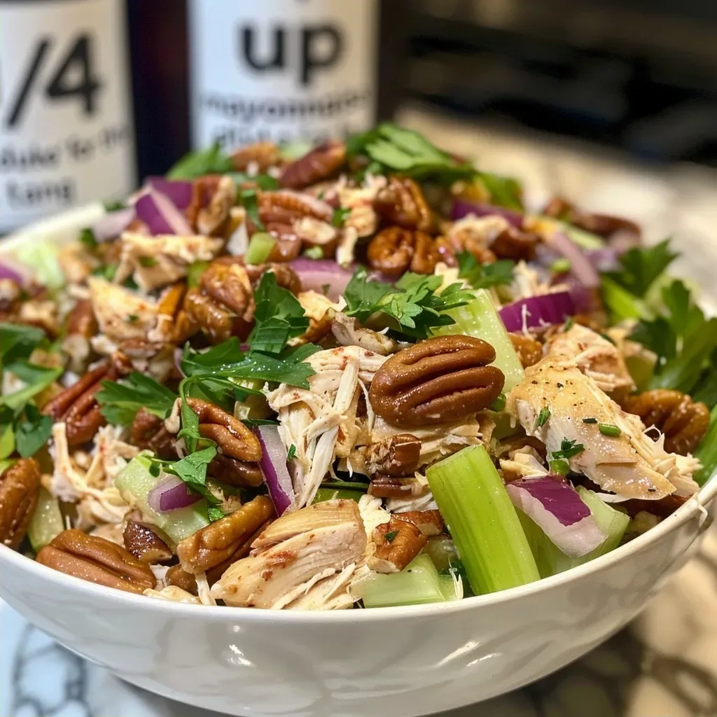 ['Close-up of a vibrant Crunchy Chicken Salad with visible ingredients including shredded chicken, pecans, and herbs.', 'Side view of a delicious Crunchy Chicken Salad displayed in a bowl, showcasing its colorful ingredients.', 'Detailed shot of a Crunchy Chicken Salad featuring poached chicken, celery, and a creamy dressing.', 'Appetizing close-up of a Crunchy Chicken Salad, highlighting the textures of chicken, nuts, and fresh vegetables.']